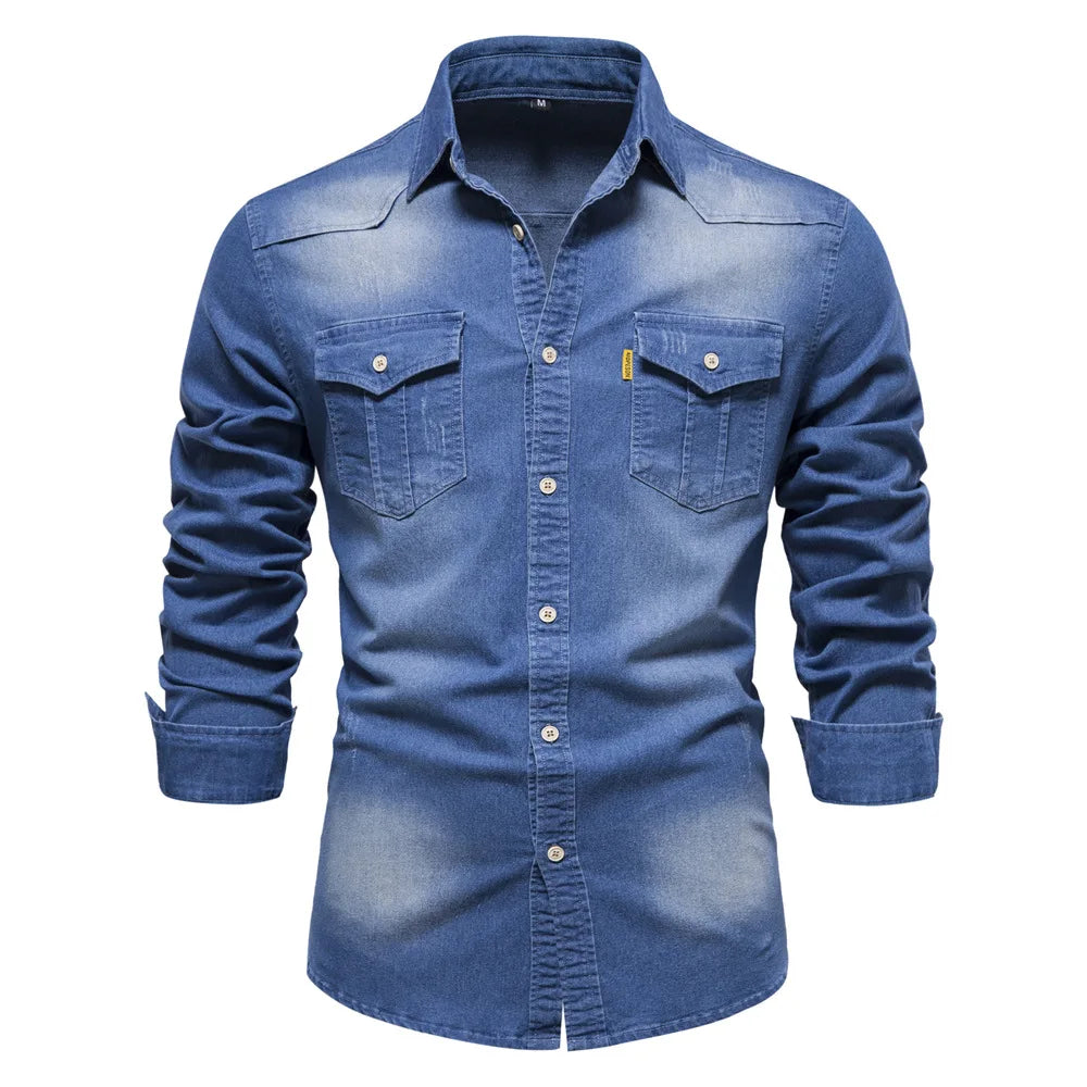 Casual men's long sleeve blue denim shirt with button-up front, a timeless fashion piece