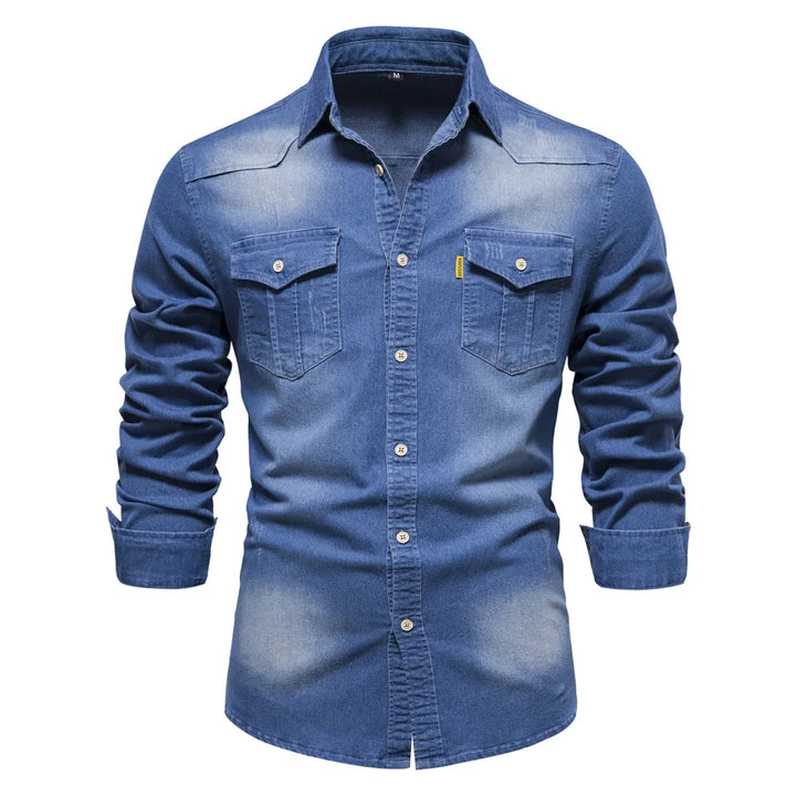 Casual men's long sleeve blue denim shirt with button-up front, a timeless fashion piece