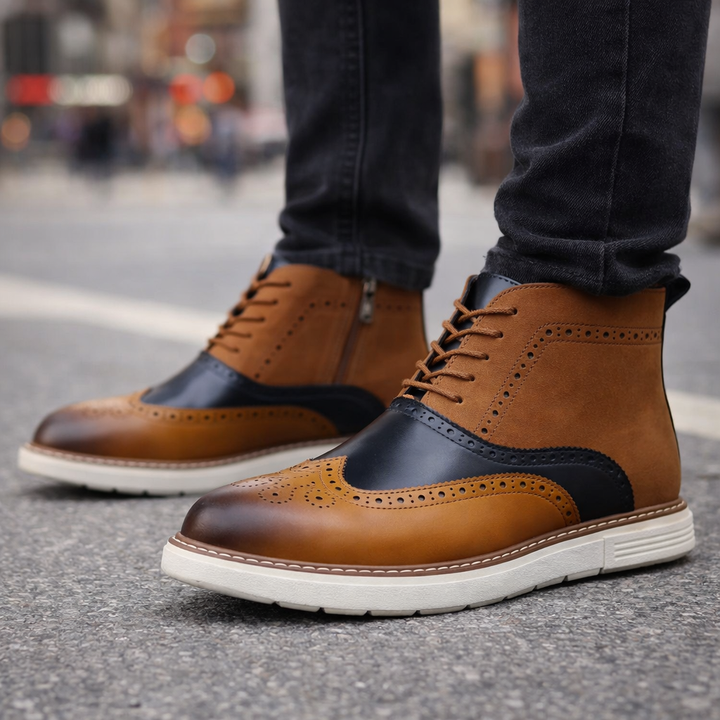 Men's classic brogue leather boots in rich brown, perfect for dress or casual wear.