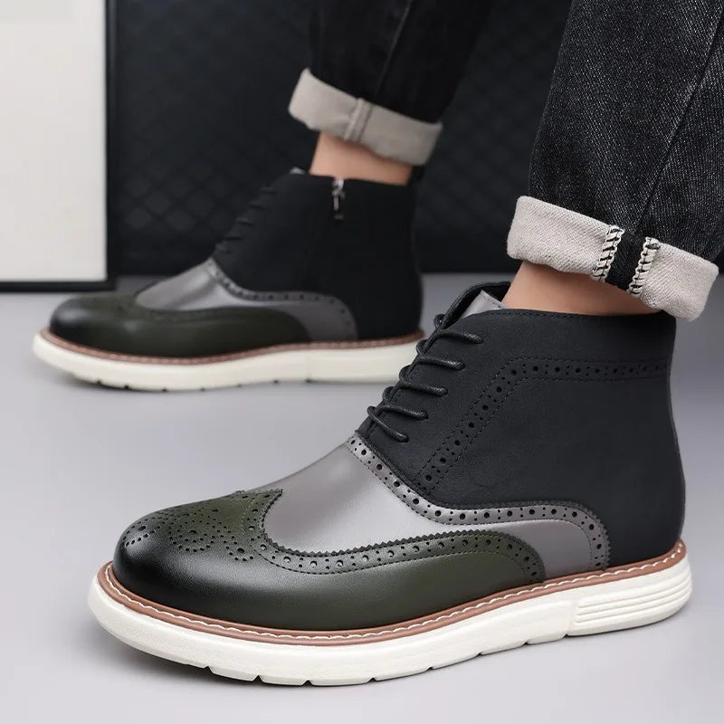 Fashionable men's boots featuring classic brogue perforations and a sturdy sole.