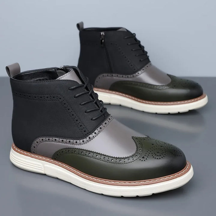 A pair of sophisticated men's brogue leather boots, ideal for professional settings.
