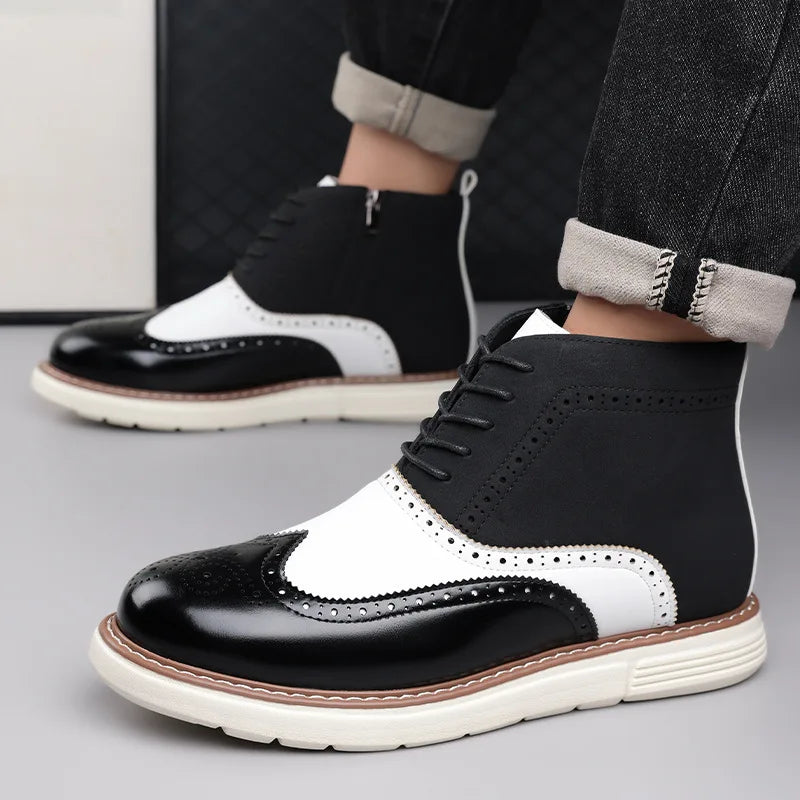 Men's brogue leather boots in a deep burgundy, adding a touch of color to your outfit.