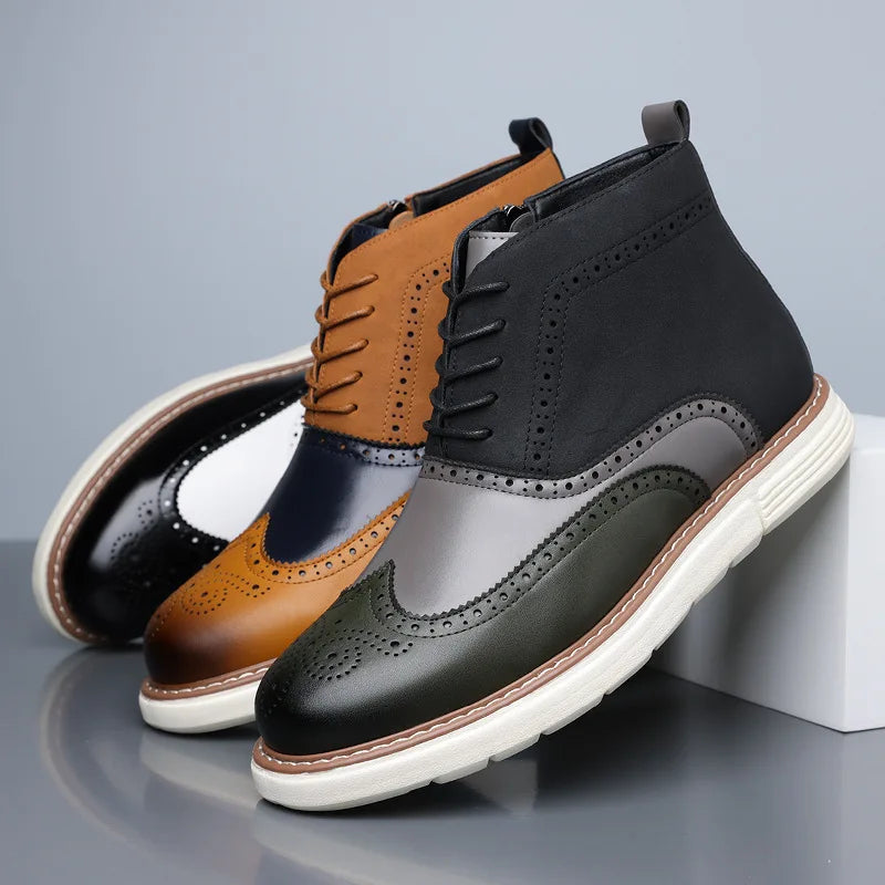 Stylish men's brogue boots in black leather, offering a blend of classic and modern fashion.