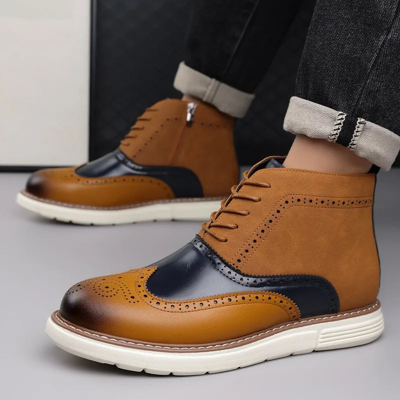 Side view of men's classic brogue boots, emphasizing the quality leather and shape.