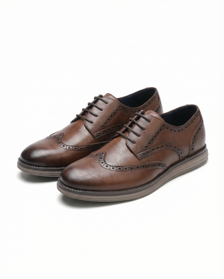 Men's classic brown leather brogue Oxford dress shoes, designed for all-day comfort and formal wear.