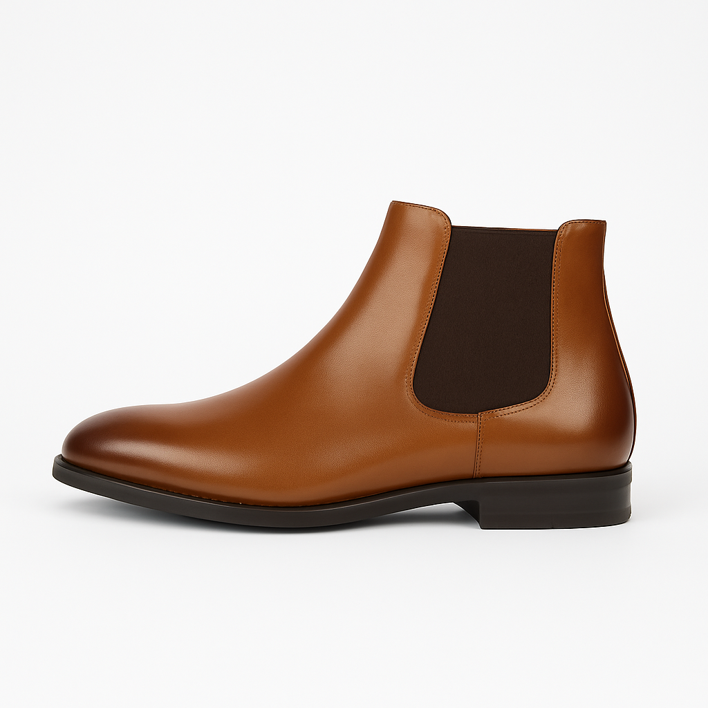 Black leather men's Chelsea boots with elastic side panels for easy slip-on, ideal for dress or casual wear.