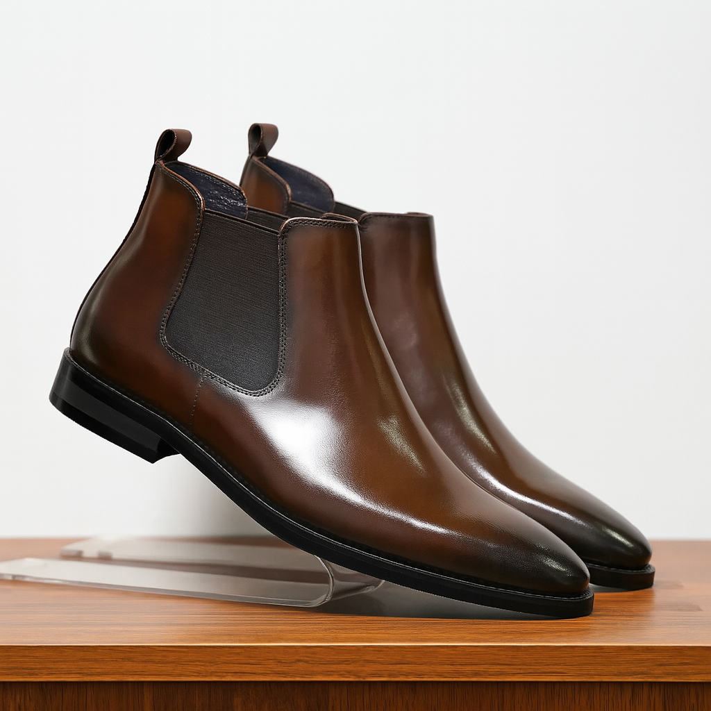 Men's classic brown leather Chelsea boots, slip-on style, perfect for dress or casual wear.
