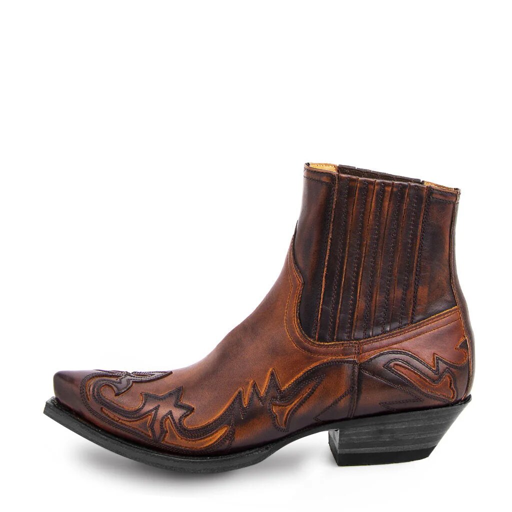 Rugged men's western style boots in distressed leather, perfect for country fashion and outdoor wear.