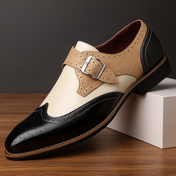 Pair of elegant men's tan leather monk strap brogues, ideal for a sophisticated look
