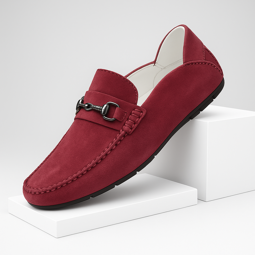 Close-up of men's premium suede bit loafers with metal accent, comfortable everyday shoes
