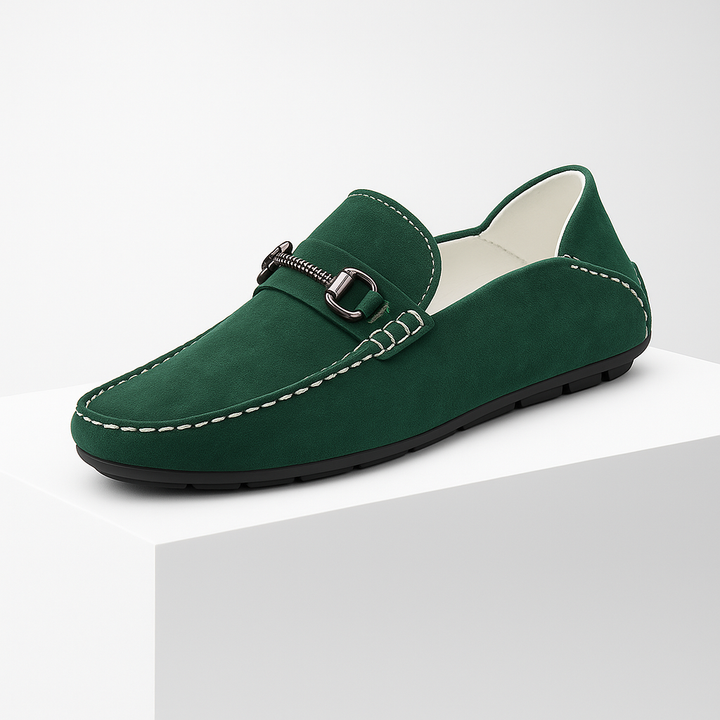 Pair of men's classic suede bit loafers in a rich burgundy color, elegant and cozy footwear