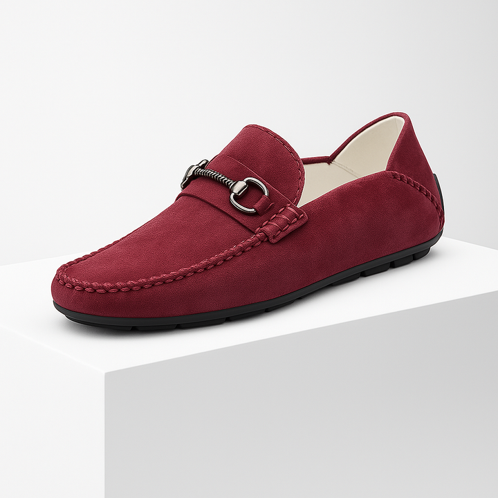 Side view of men's grey suede bit loafers, showcasing the classic design and quality craftsmanship