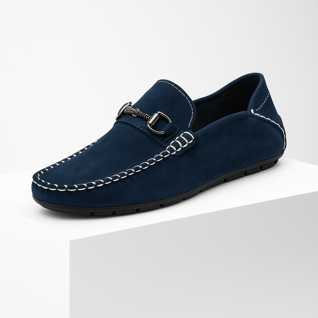Men's suede bit loafers with a detailed metal bit, a timeless casual dress shoe for men