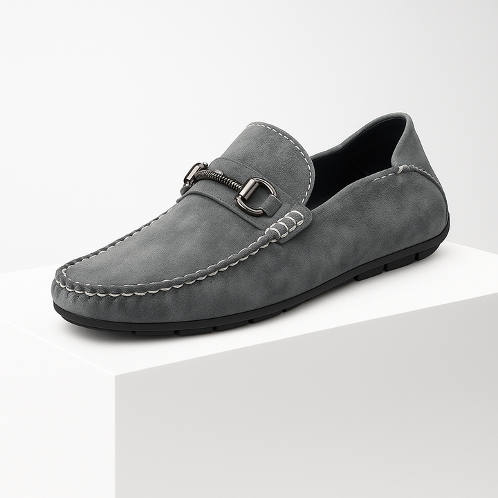 Comfortable men's suede loafers in a dark green shade, stylish slip-on footwear for any occasion