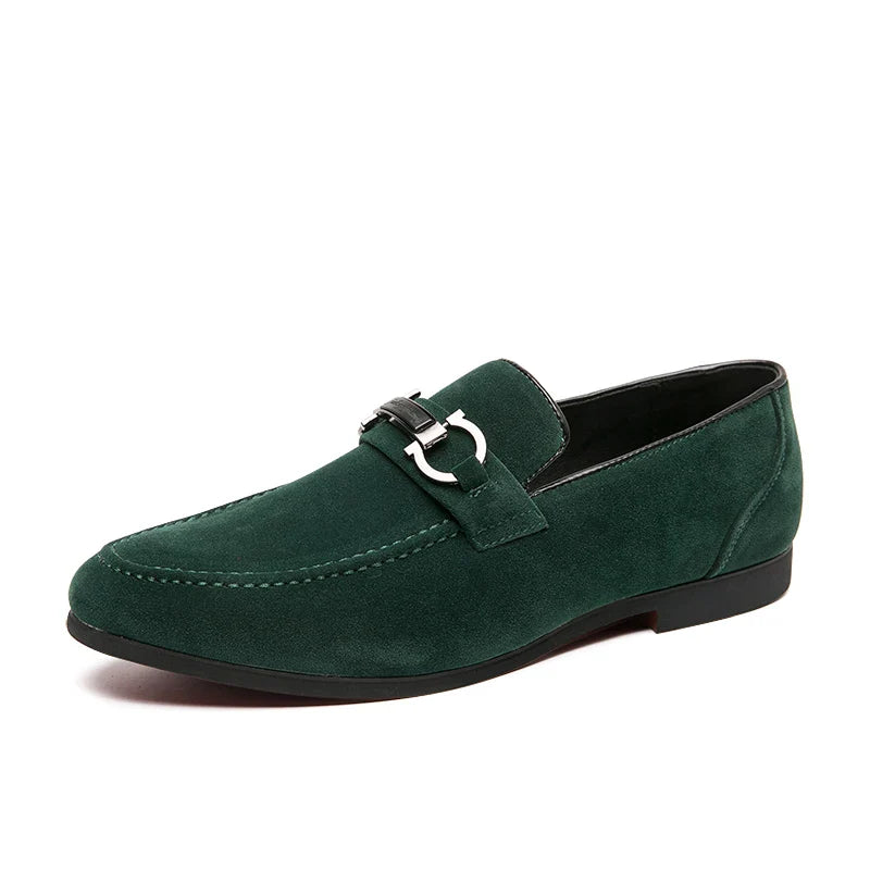 Men's soft suede bit loafers in a unique olive green, great for smart casual outfits.