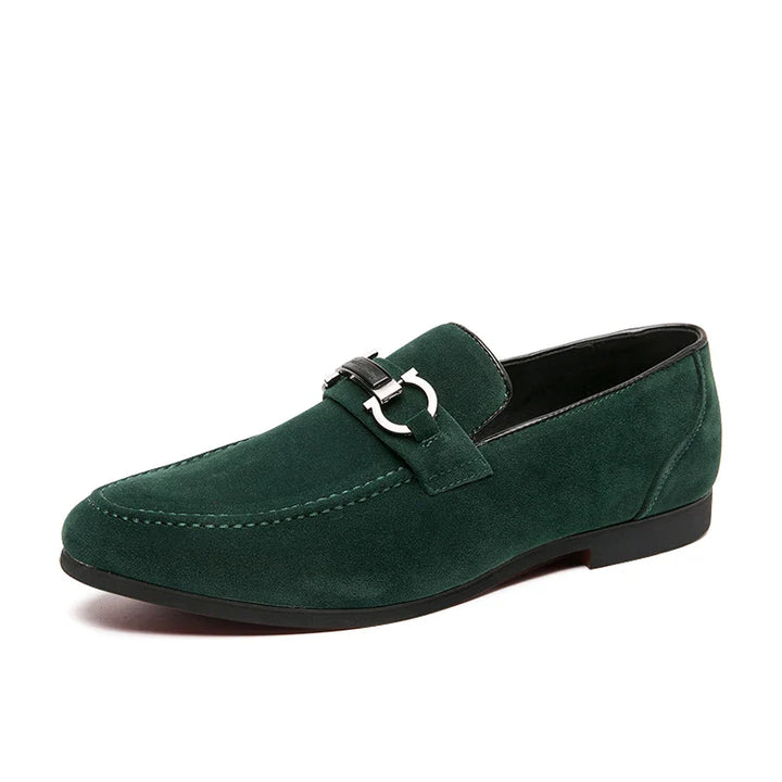 Men's soft suede bit loafers in a unique olive green, great for smart casual outfits.
