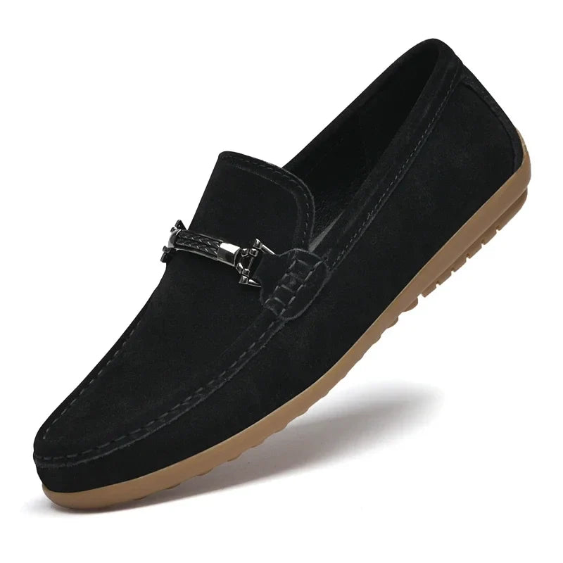 Brand new pair of men's dark brown suede comfort loafers, ready for any occasion