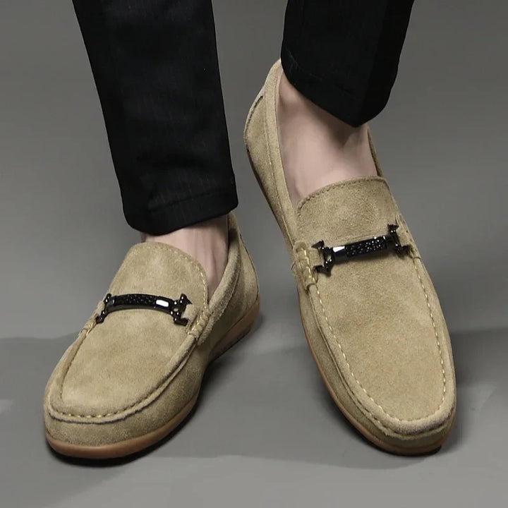 Men's suede loafers in a rich burgundy color, offering exceptional comfort and versatile style