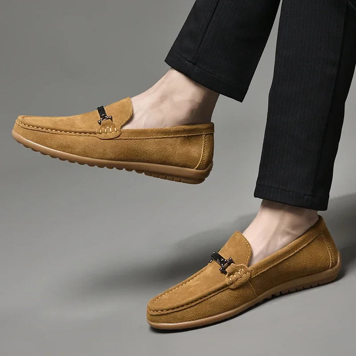 Top-down view of men's brown suede comfort loafers, perfect for easy slip-on wear
