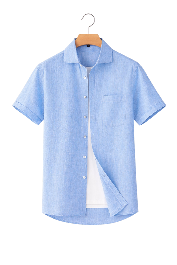 Close-up of a men's classic button-down shirt fabric, showcasing quality and details.