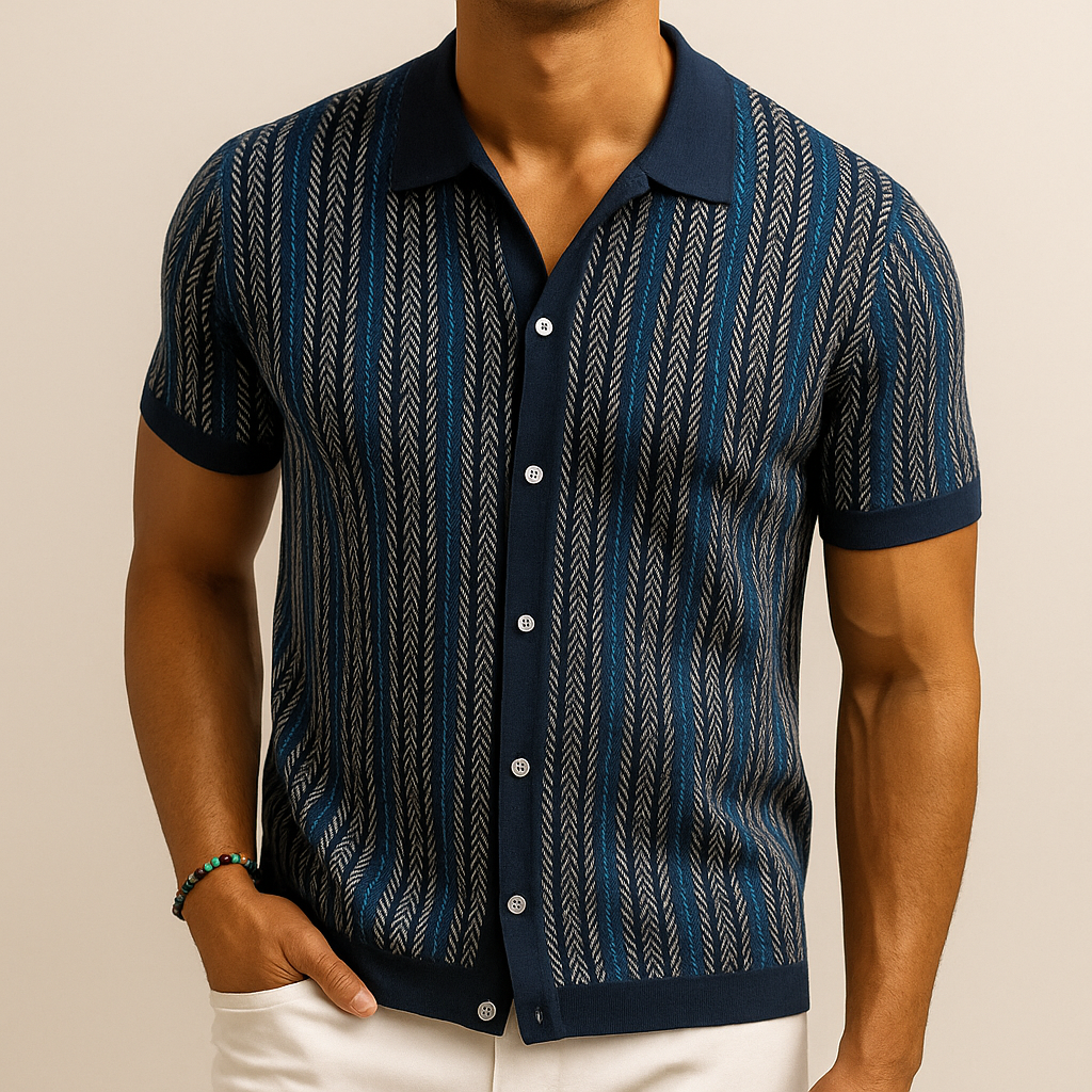 Men's classic button-down shirt with a modern herringbone pattern. Versatile long sleeve men's fashion.