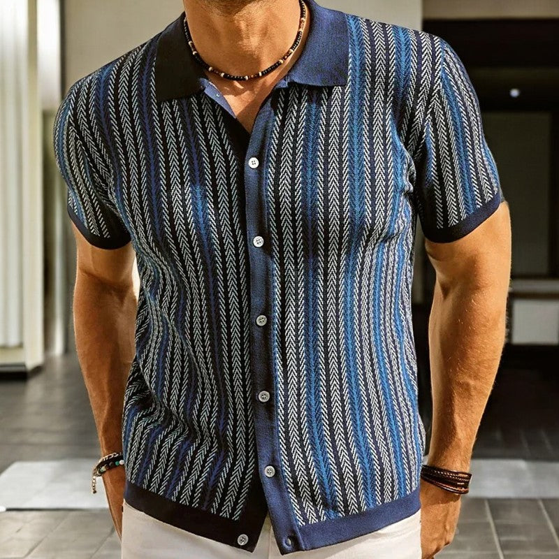 Man wearing a classic men's long sleeve button-down shirt, highlighting its modern herringbone pattern for men's fashion.
