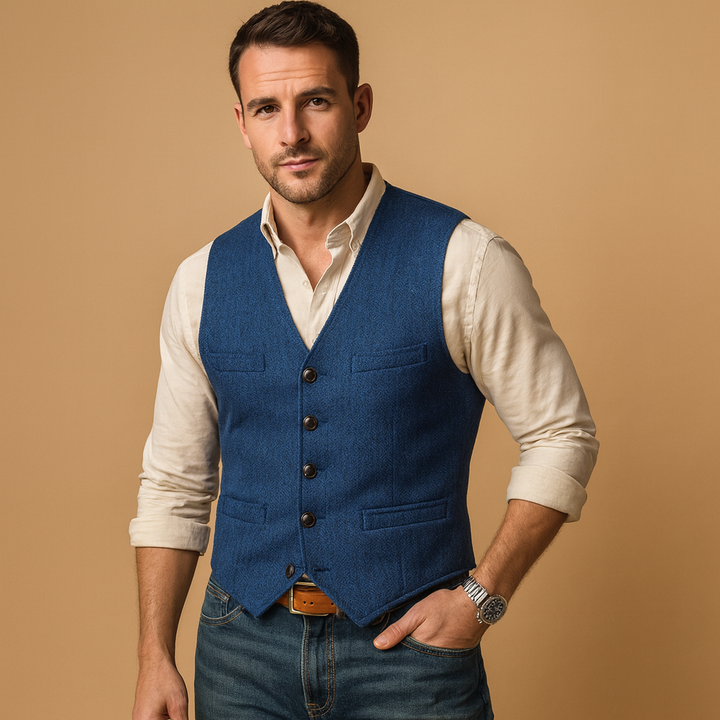Man wearing a sleek, tailored men's buttoned vest, perfect for formal occasions & timeless men's fashion.