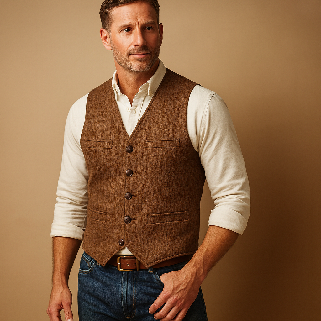 Casual men's buttoned vest, tailored fit, a versatile autumn & winter layering piece for modern style.