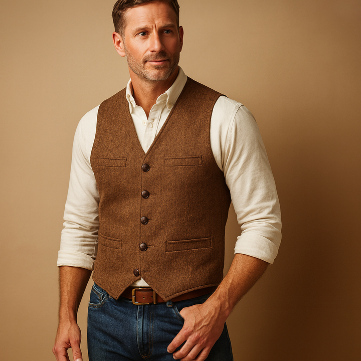Casual men's buttoned vest, tailored fit, a versatile autumn & winter layering piece for modern style.