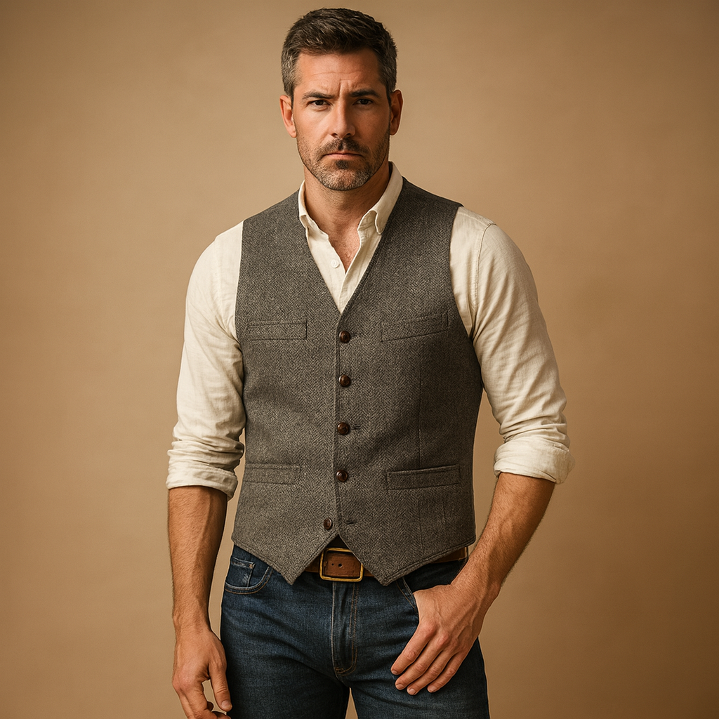 Stylish men's classic tailored vest with buttons, a timeless men's fashion piece for autumn wear.