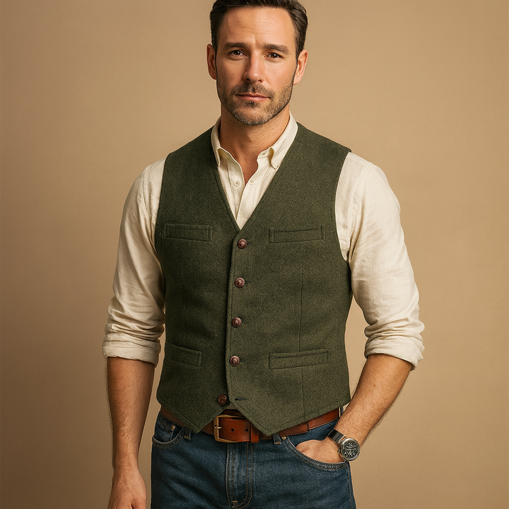 Men's fitted buttoned vest, sleek & tailored for a modern look, a great layering piece for winter fashion.