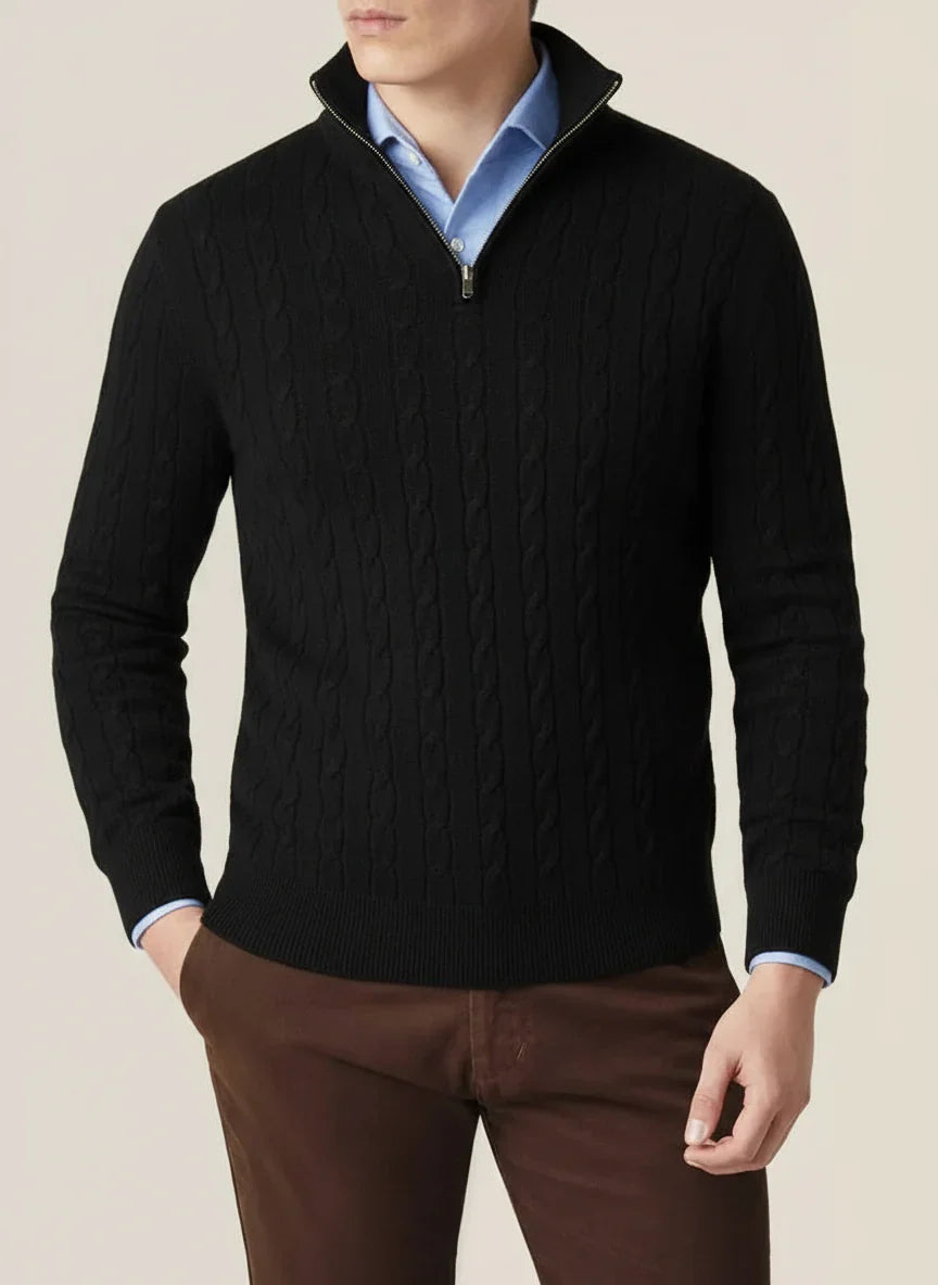 Men's classic cable knit half zip pullover sweater in a soft, comfortable material for spring casual wear.
