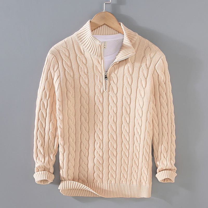 Stylish men's half-zip cable knit sweater, showcasing the textured knit pattern for a casual look.