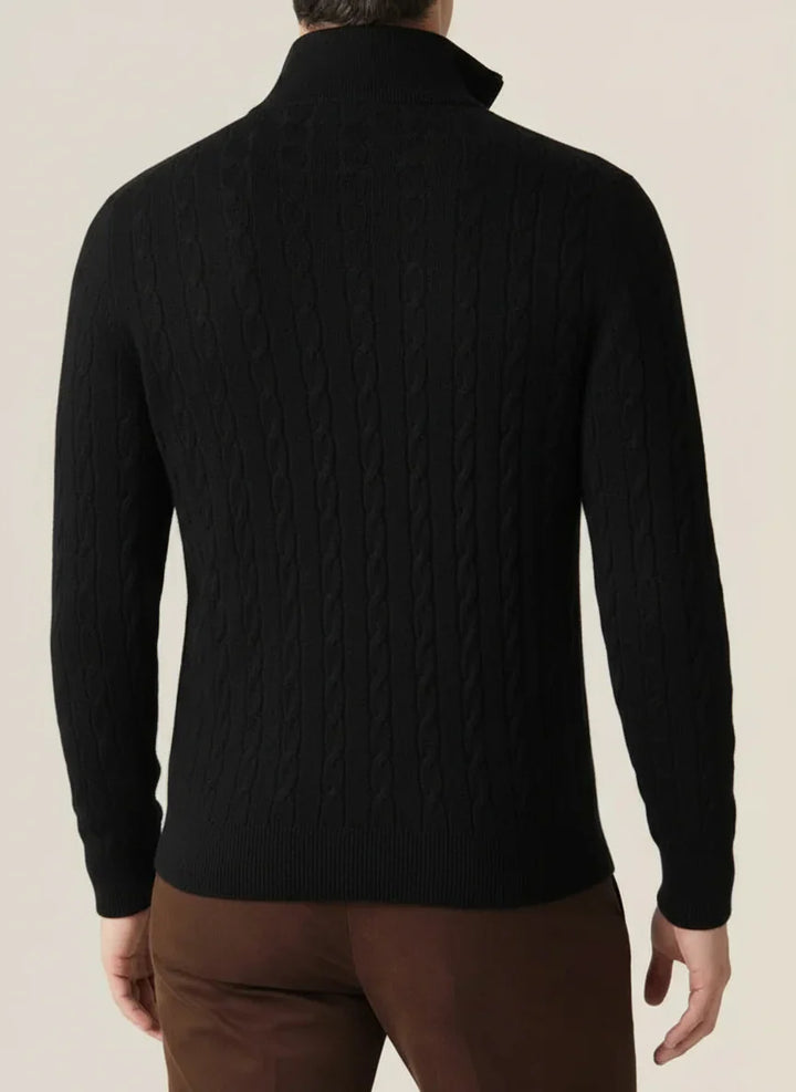 Stylish men's half zip cable knit sweater, perfect for a casual yet refined look. Ideal for spring fashion.