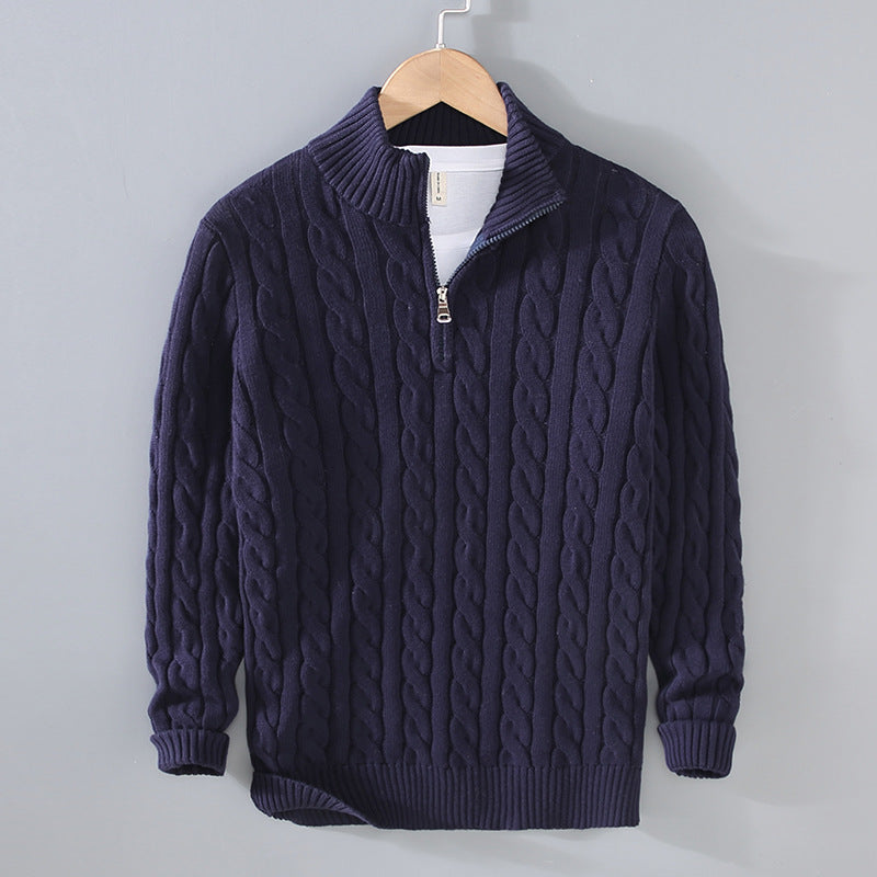 Men's warm cable knit sweater with a silver half-zip, a timeless piece for any man's winter wardrobe.