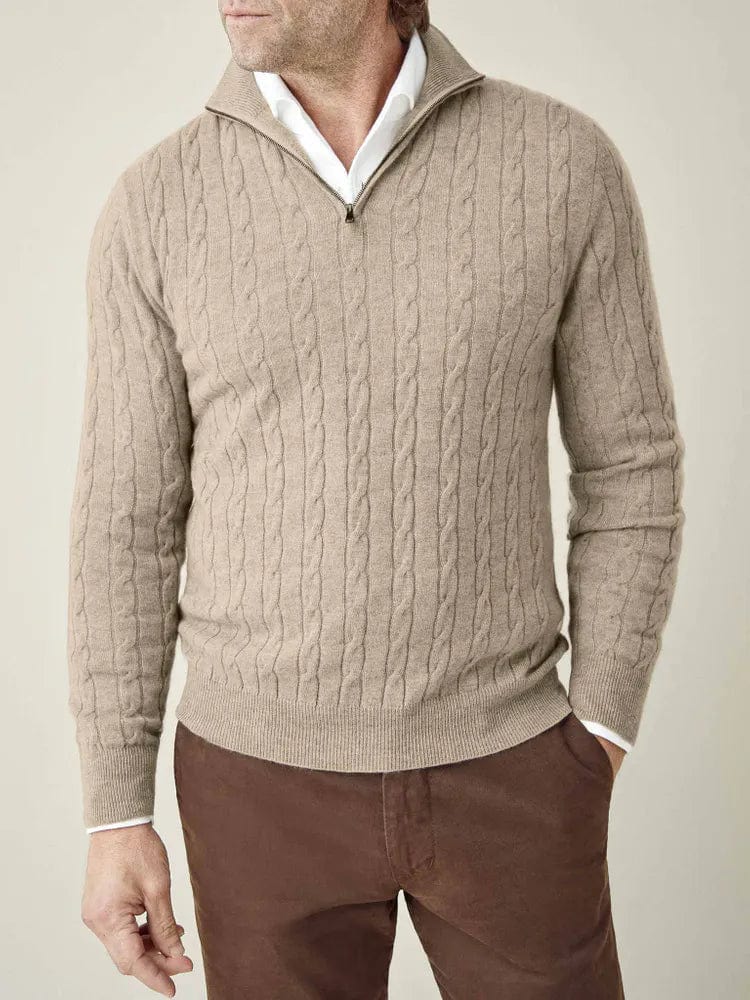 Comfortable men's half zip pullover sweater with a textured cable knit design, versatile for everyday style.