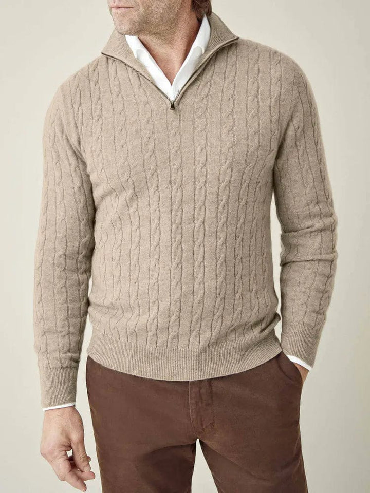 Comfortable men's half zip pullover sweater with a textured cable knit design, versatile for everyday style.