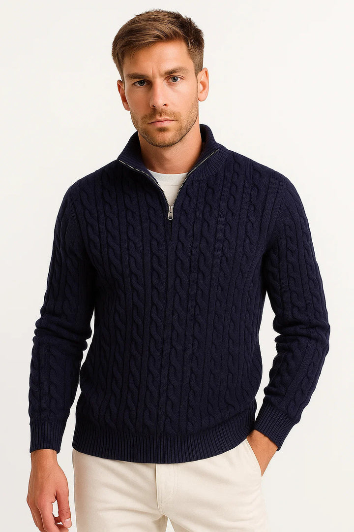 Men's classic cable knit zip-neck sweater in navy, perfect for spring layering and casual style.
