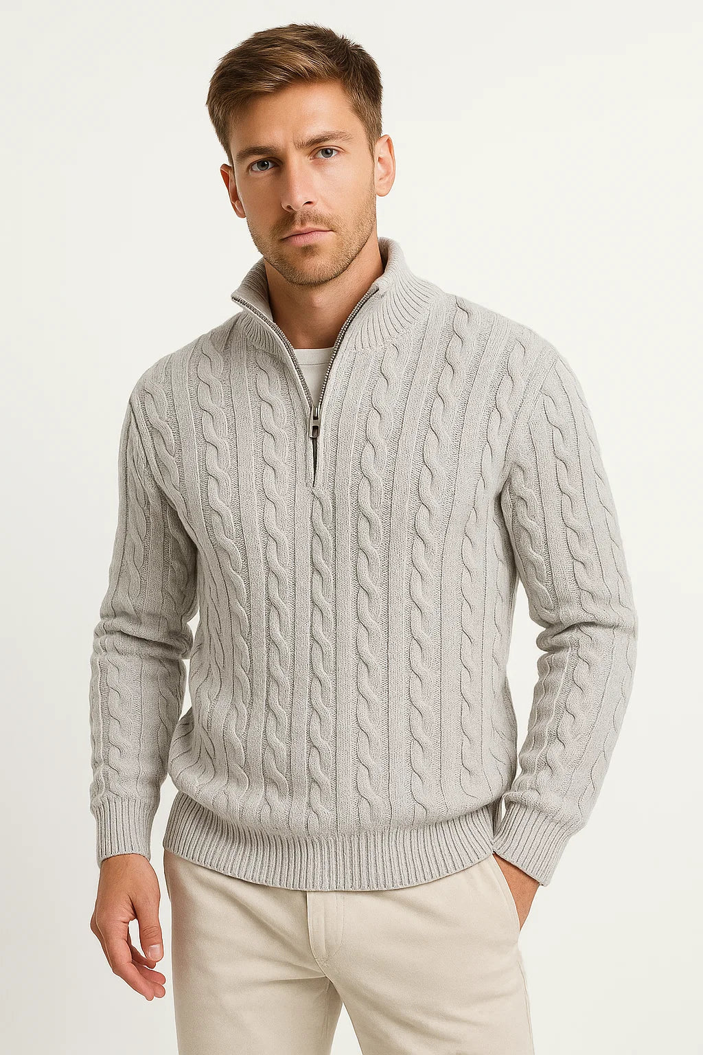 Close-up of a men's gray cable knit sweater with a functional zip neck, ideal for spring fashion.