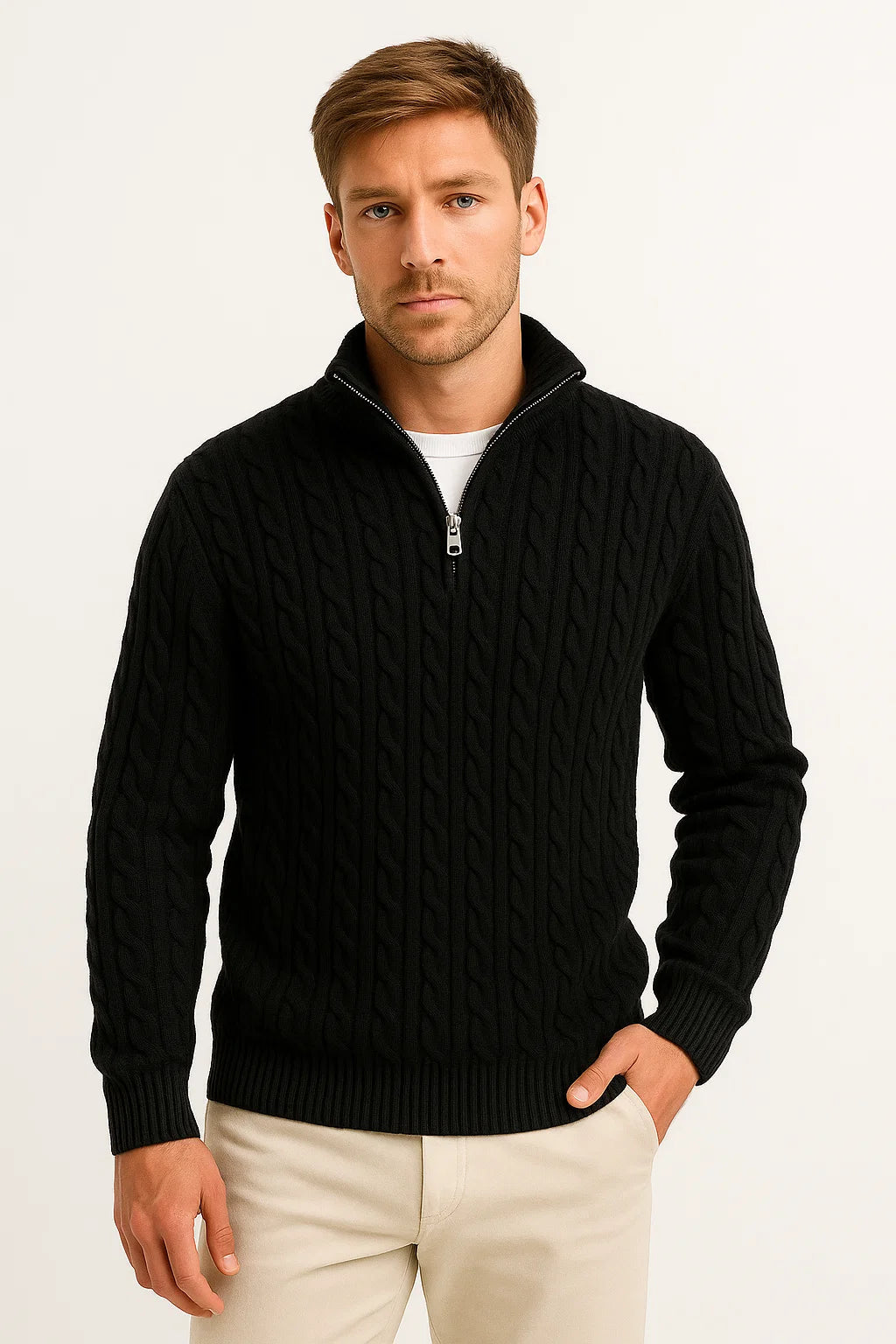 Model wearing a men's olive green cable knit pullover, showcasing its versatility for spring layering.