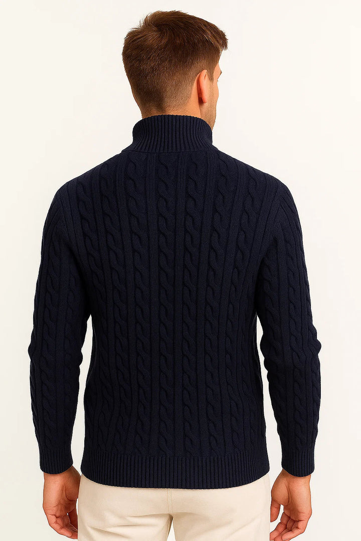Men's cream-colored cable knit sweater with a quarter-zip collar, a timeless piece for spring apparel.