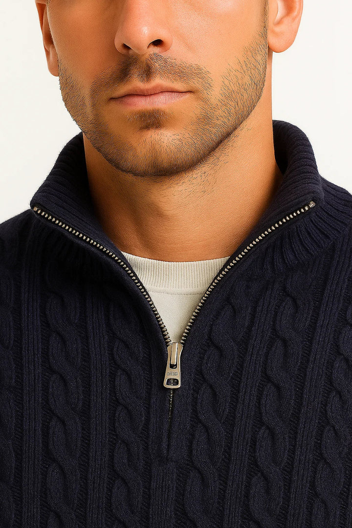 Stylish men's cable knit sweater with a zip neck in a warm tone, great for cool spring evenings.