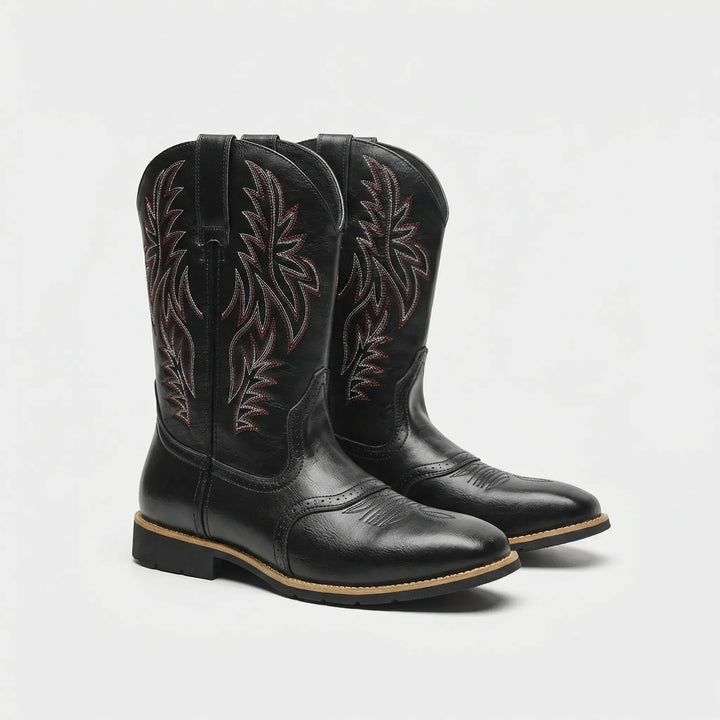 Rugged men's slip-on Western boots, calf-length, offering classic cowboy style and durability.