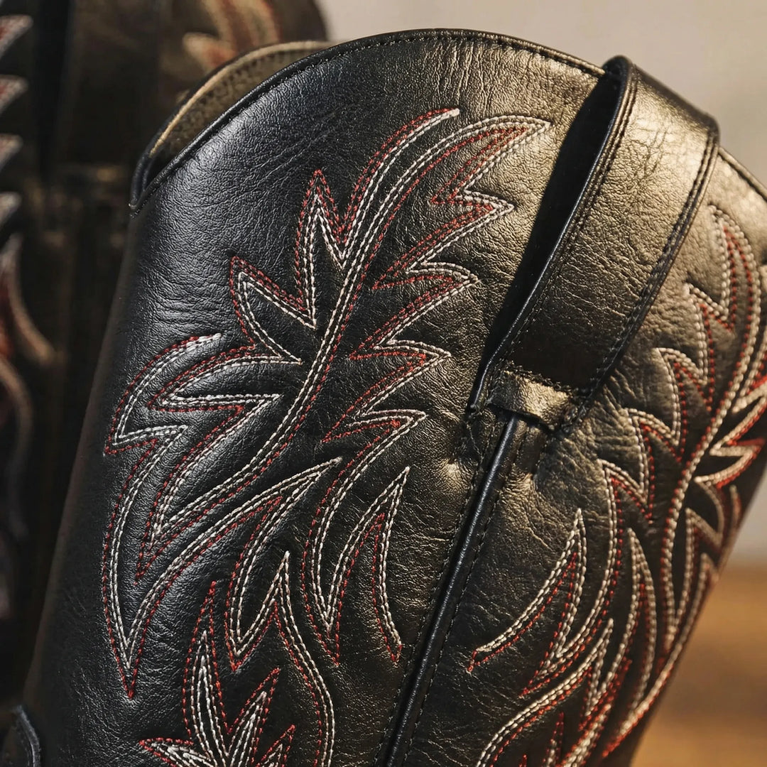 Classic men's cowboy boots with a block heel, calf-length design, perfect for Western fashion.