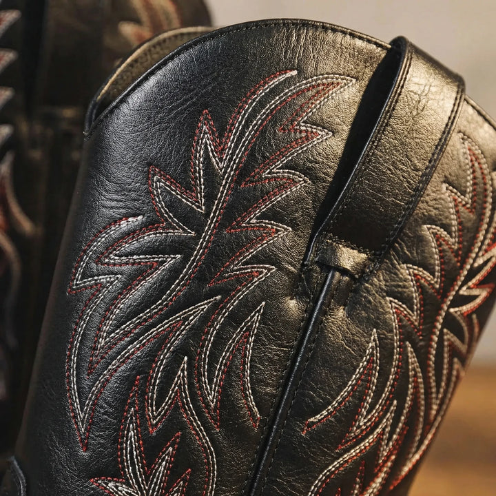 Classic men's cowboy boots with a block heel, calf-length design, perfect for Western fashion.