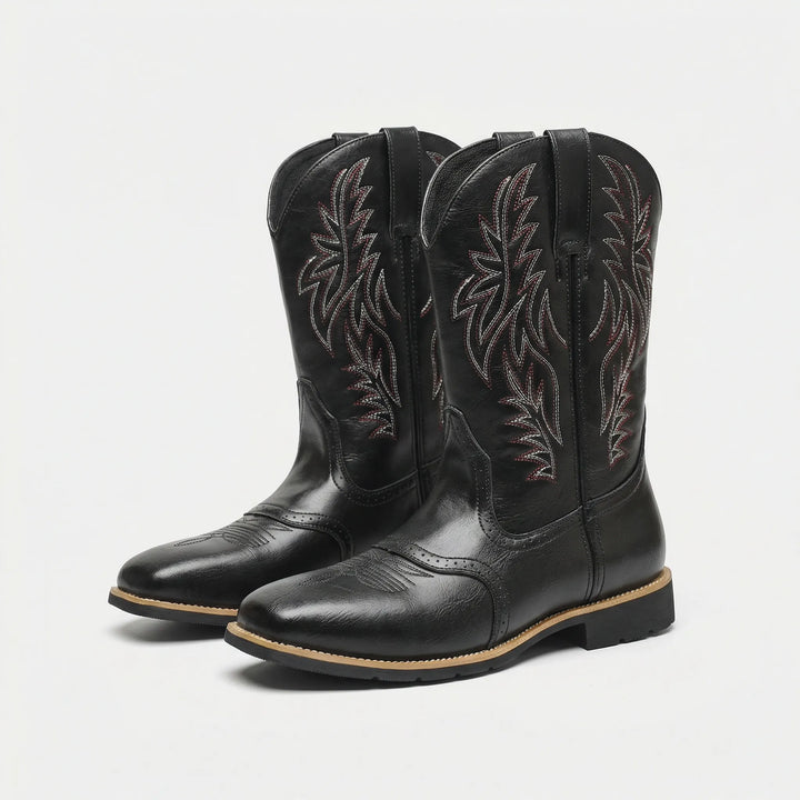 Durable men's calf-length cowboy boots, featuring authentic Western styling for rugged wear.