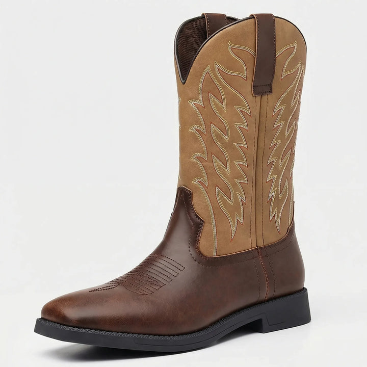 Men's timeless Western cowboy boots, slip-on calf-length design, ideal for a classic rugged look.
