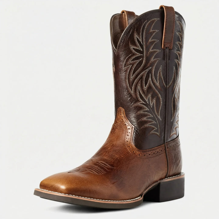 Calf-length men's cowboy boots, classic Western style with a sturdy block heel and durable finish.