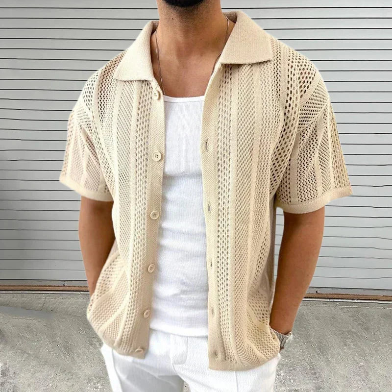 Men's classic collar knit shirt, perfect for summer smart casual wear. Versatile short sleeve top.