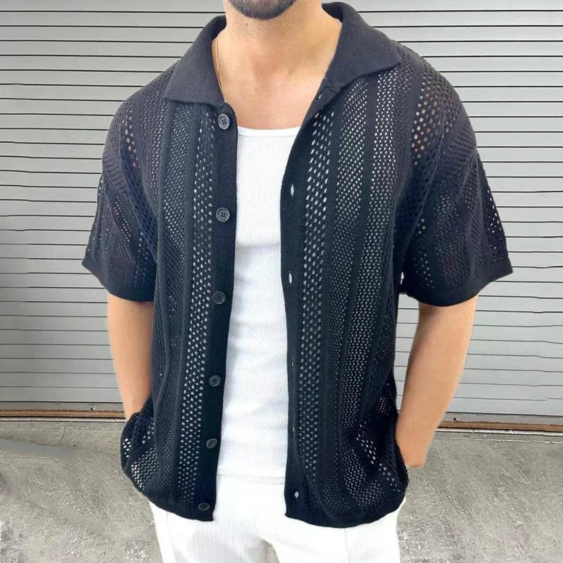 Soft knit short-sleeve men's shirt with classic collar, ideal for summer everyday wear & comfort.